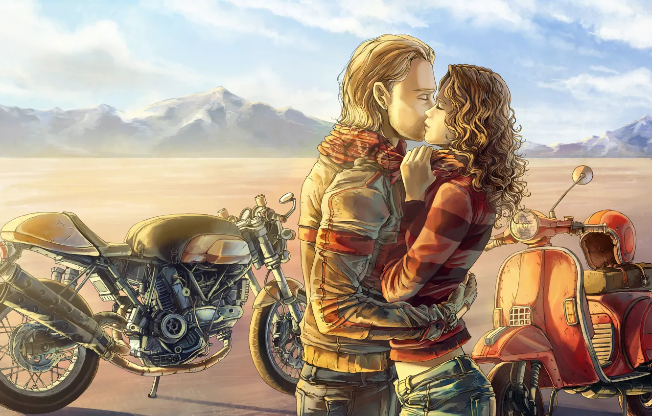 Photo wallpaper girl, mountains, figure, hugs, motorcycle, guy, art, scooter