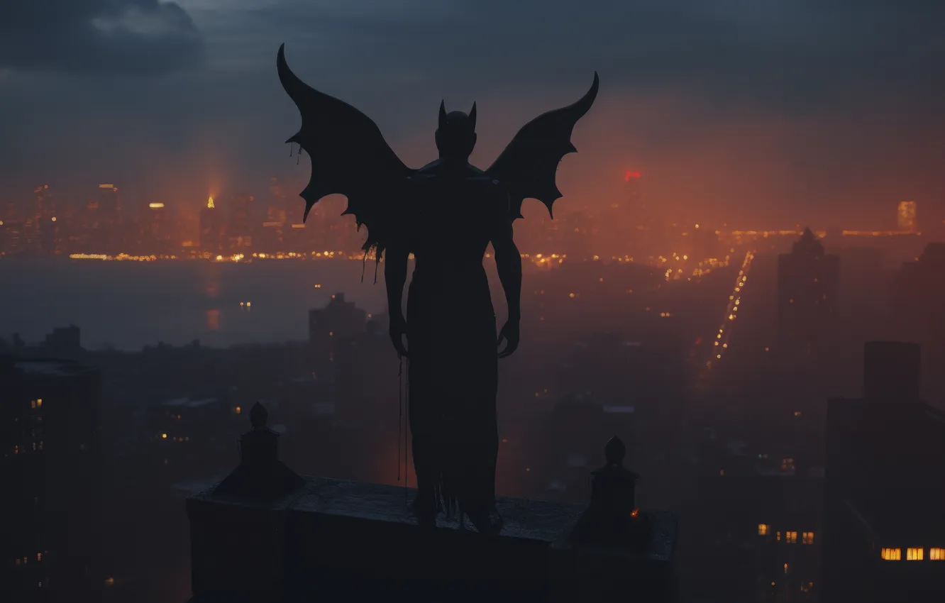 Photo wallpaper the city, home, wings, monster, being, the demon, horns, the devil