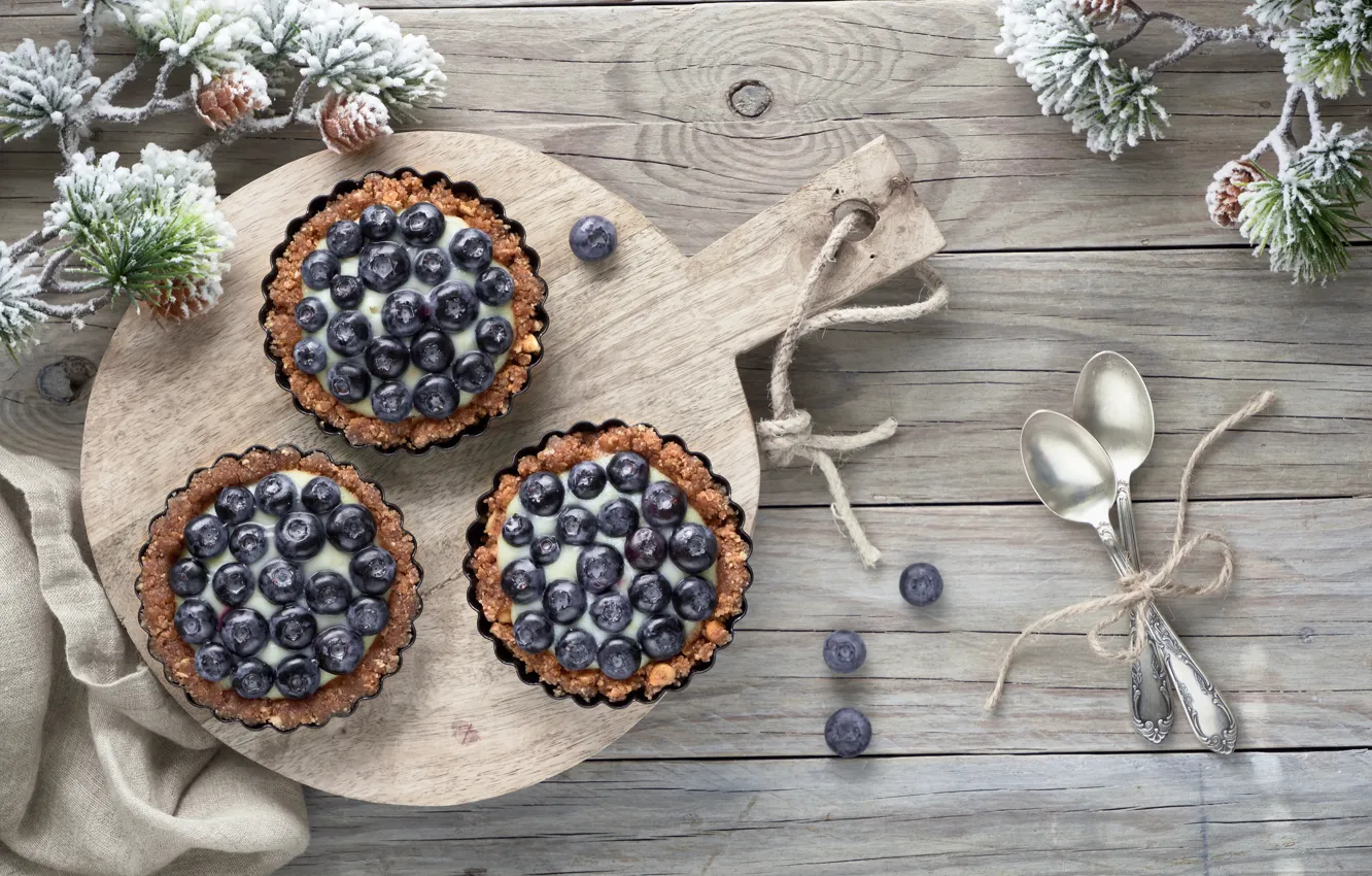 Photo wallpaper blueberries, cream, dessert, spoon, pies, cutting Board, Anya Ivanova