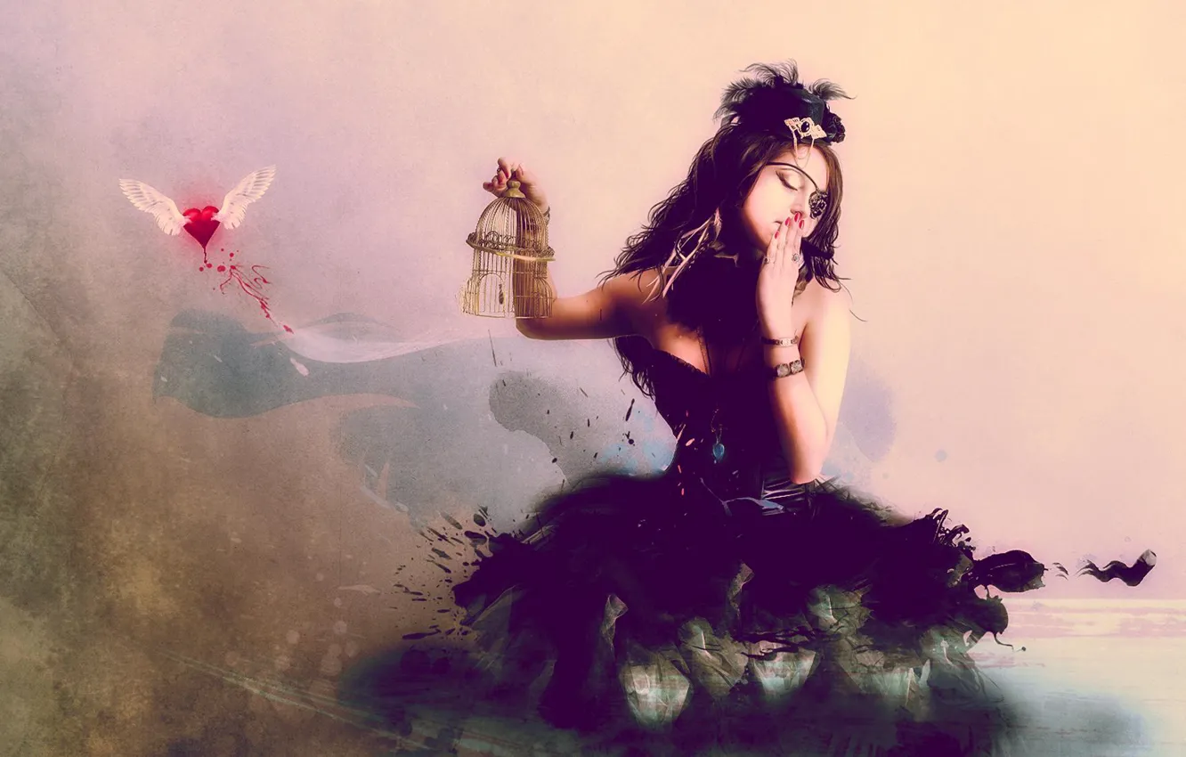 Photo wallpaper girl, Gothic, wings, cell, dress, hearts, hat