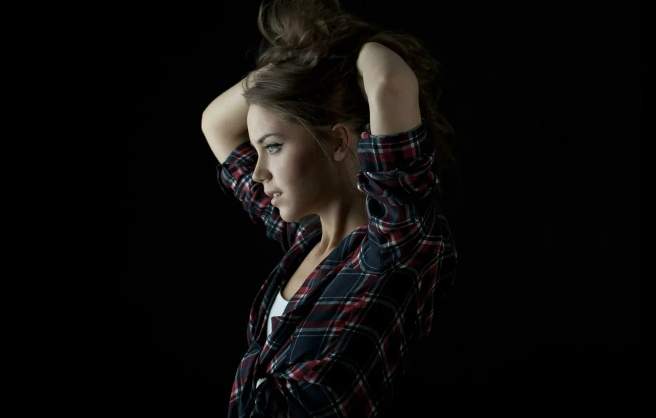 Photo wallpaper girl, background, sweetheart, black, portrait, shirt, brown hair, cute