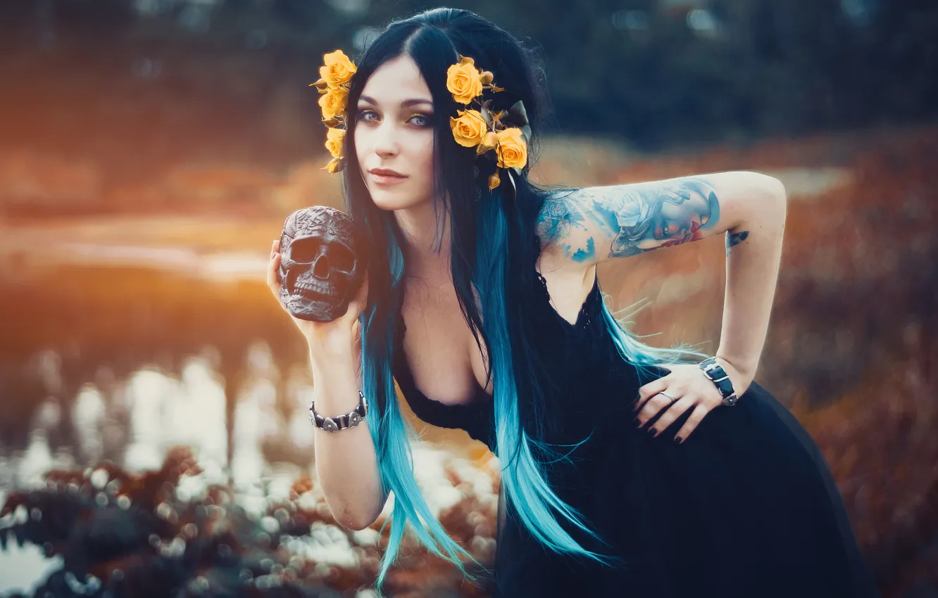 Photo wallpaper look, girl, flowers, nature, pose, style, skull, tattoo