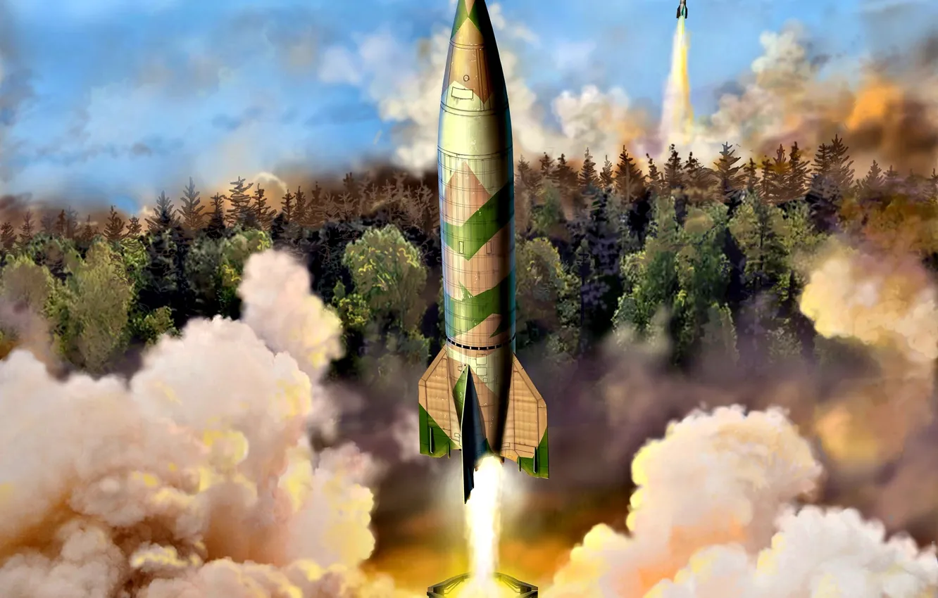 Photo wallpaper Smoke, Germany, Forest, Ballistic missile, weapon of retaliation, Vengeance weapon-2, V-2, The launch