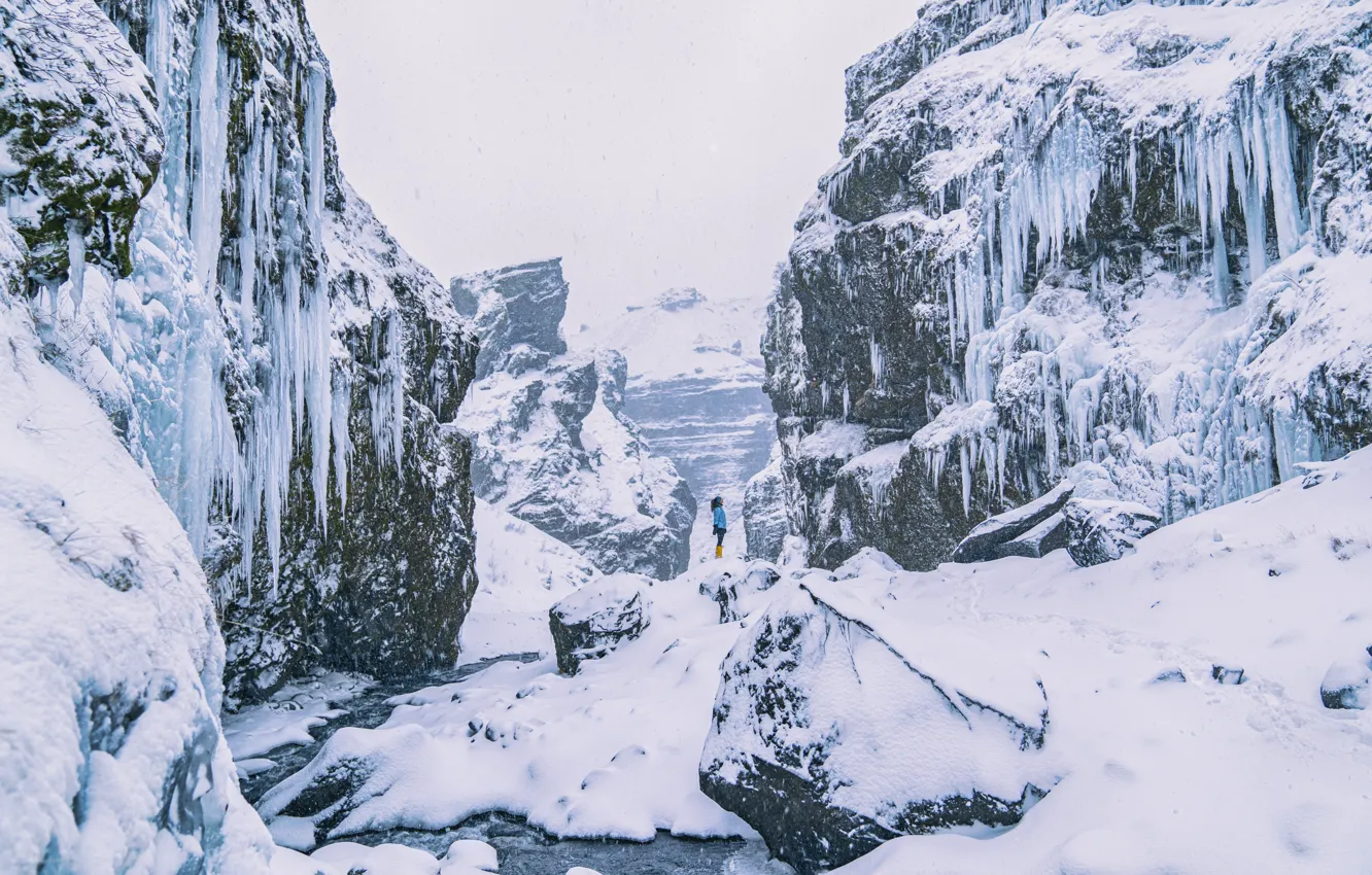 Photo wallpaper winter, girl, snow, mountains, nature, stones, mood, rocks