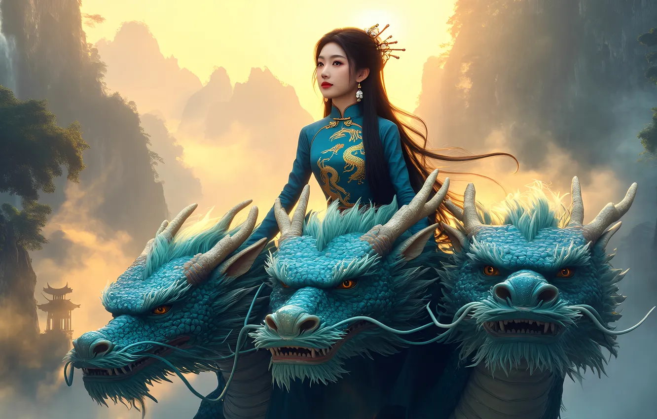 Photo wallpaper look, girl, dragon, earrings, Chinese, Asian, blue dress