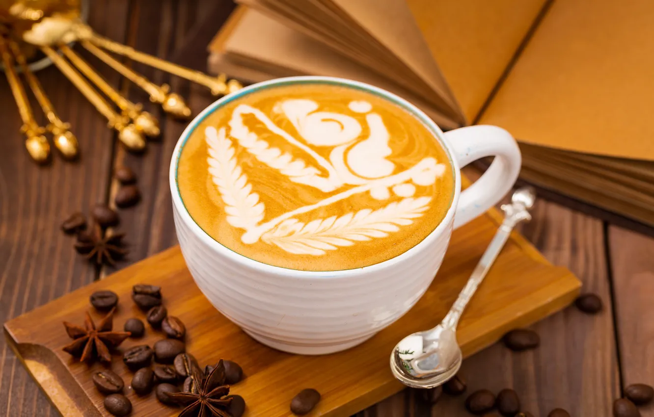 Photo wallpaper foam, Cup, coffee, book, figure, grain, spices, spoon
