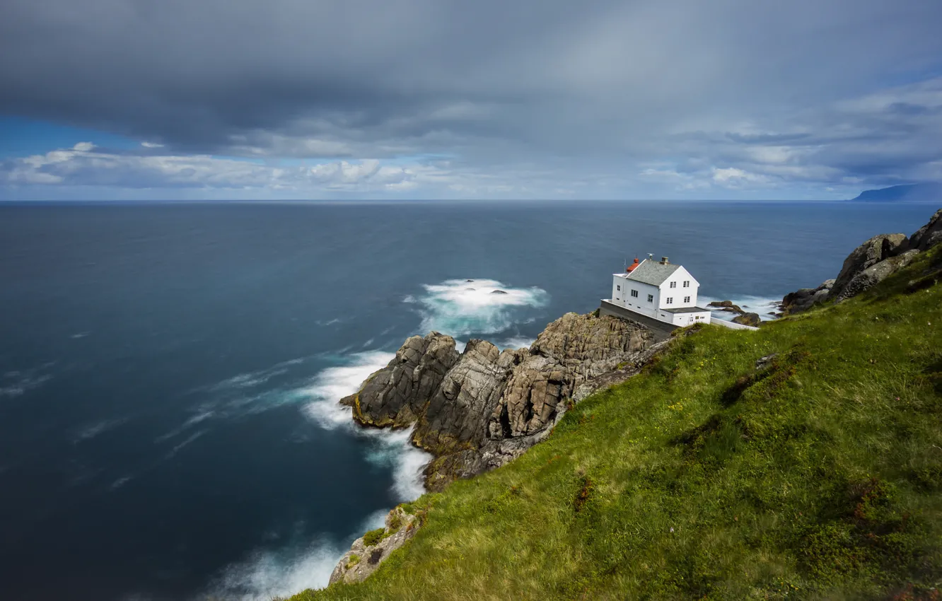 Photo wallpaper sea, wave, grass, clouds, rock, lighthouse, horizon