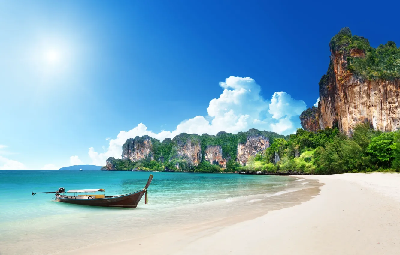 Photo wallpaper sea, rocks, shore, boat