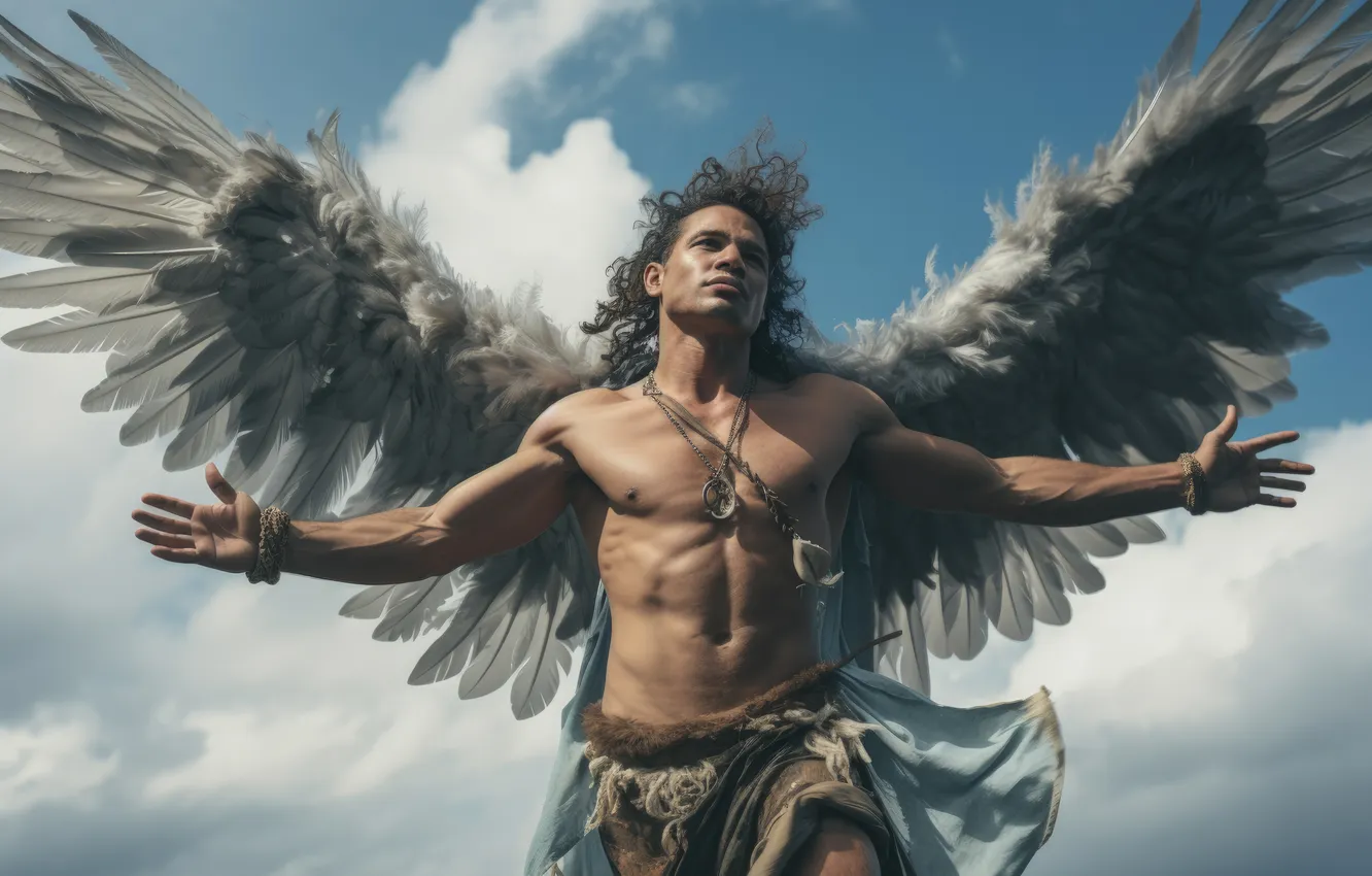 Photo wallpaper Angel, Hair, Wings, Male, Digital art, AI art, The Art of Artificial Intelligence, Neural network