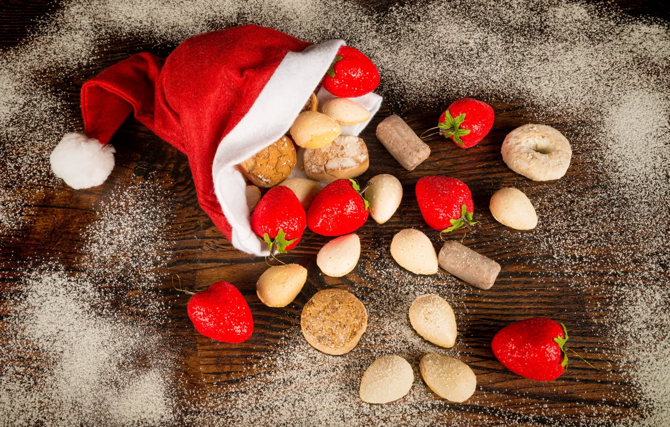 Photo wallpaper red, holiday, hat, new year, cookies, strawberry, Christmas