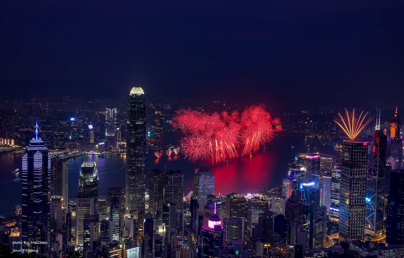 Photo wallpaper landscape, night, the city, river, salute