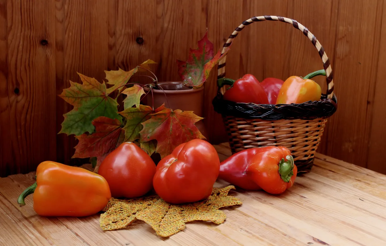 Photo wallpaper leaves, table, basket, pepper, still life, vegetables, tomatoes, maple