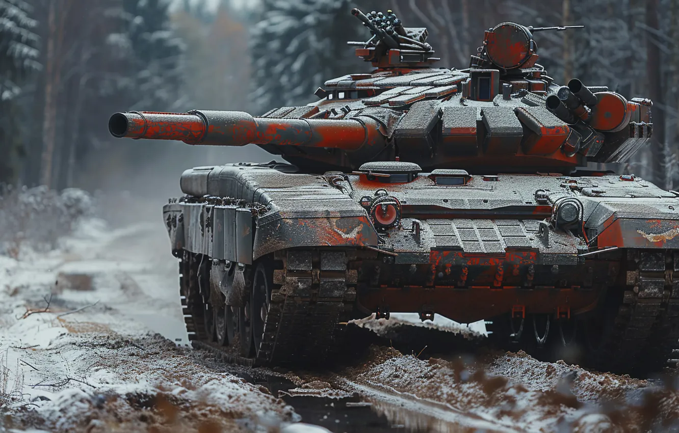 Photo wallpaper winter, road, snow, trees, dirt, tank, digital art, AI art
