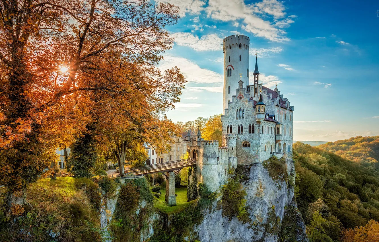 Photo wallpaper autumn, Germany, October, fairytale castle, Baden-württemberg, the municipality of Lichtenstein, The Lichtenstein Castle, Lichtenstein Castle
