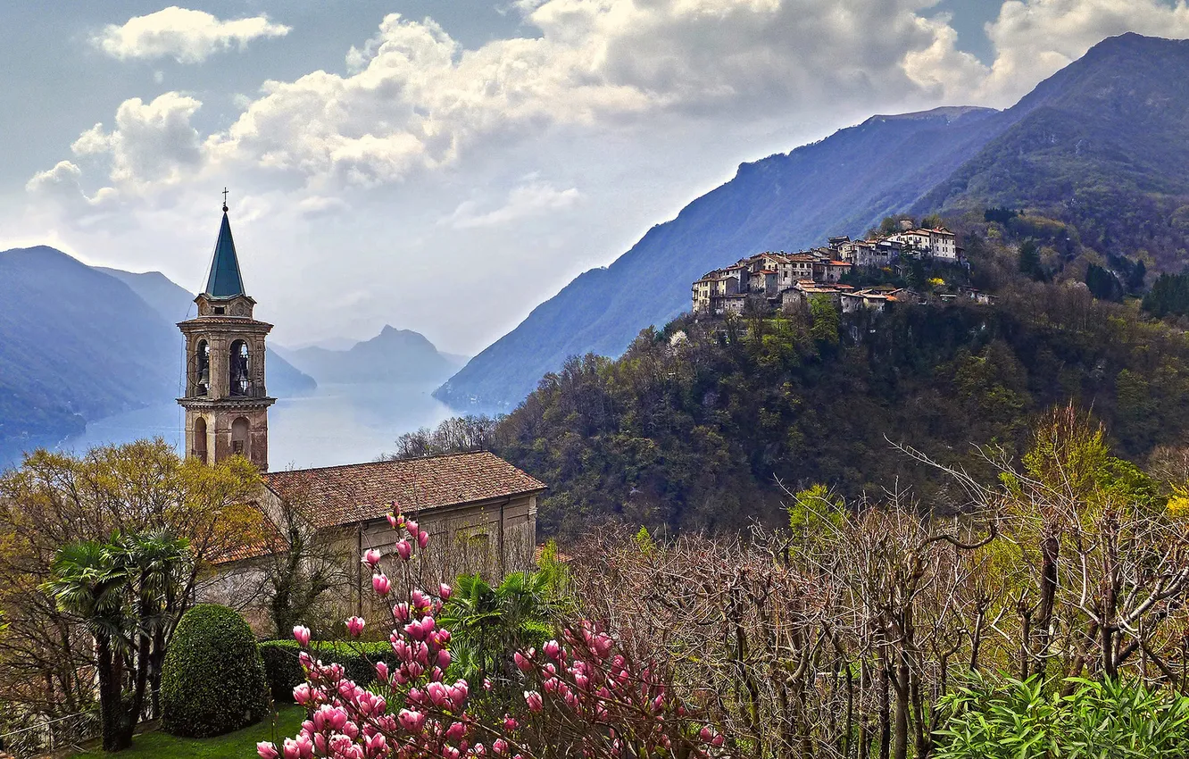 Photo wallpaper flowers, mountains, lake, spring, Italy, Church, Lombardy