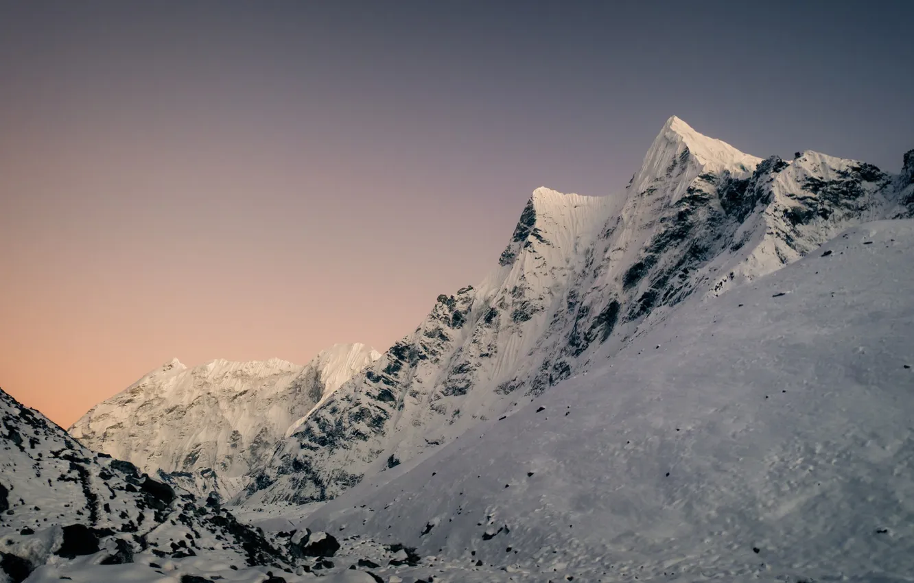 Photo wallpaper winter, mountains, snow, dusk