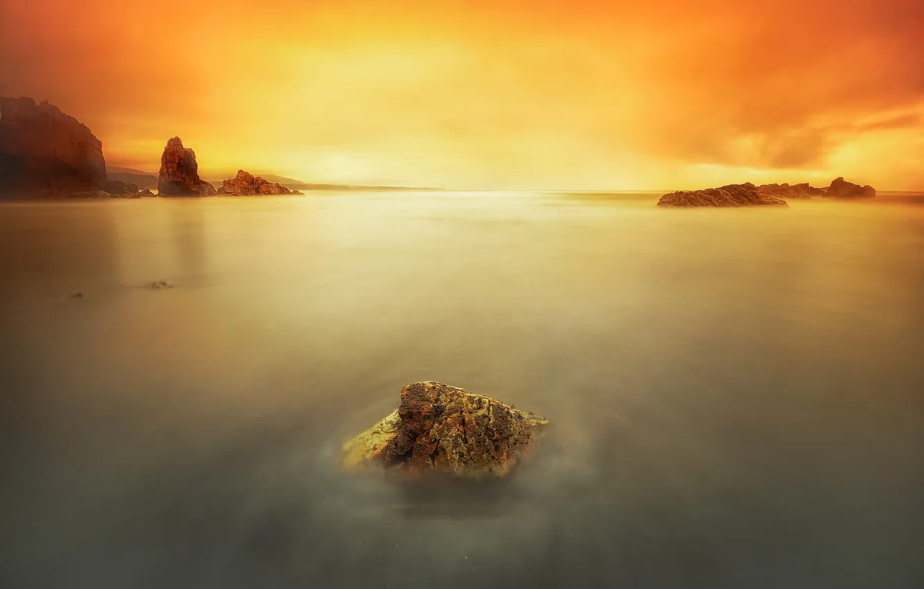 Photo wallpaper the sky, clouds, sunset, lake, stones, rocks