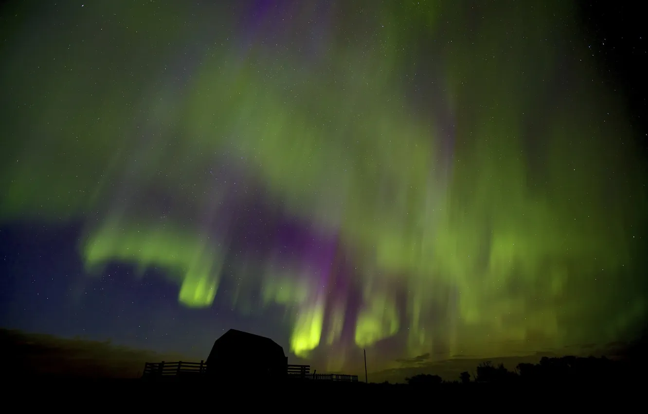 Photo wallpaper the sky, stars, night, Northern lights, house