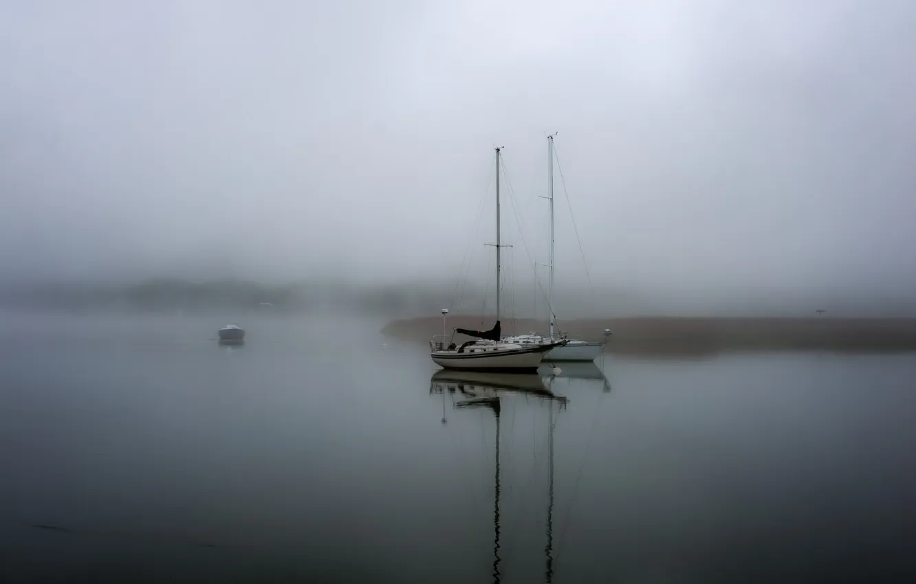 Photo wallpaper landscape, fog, lake, boat