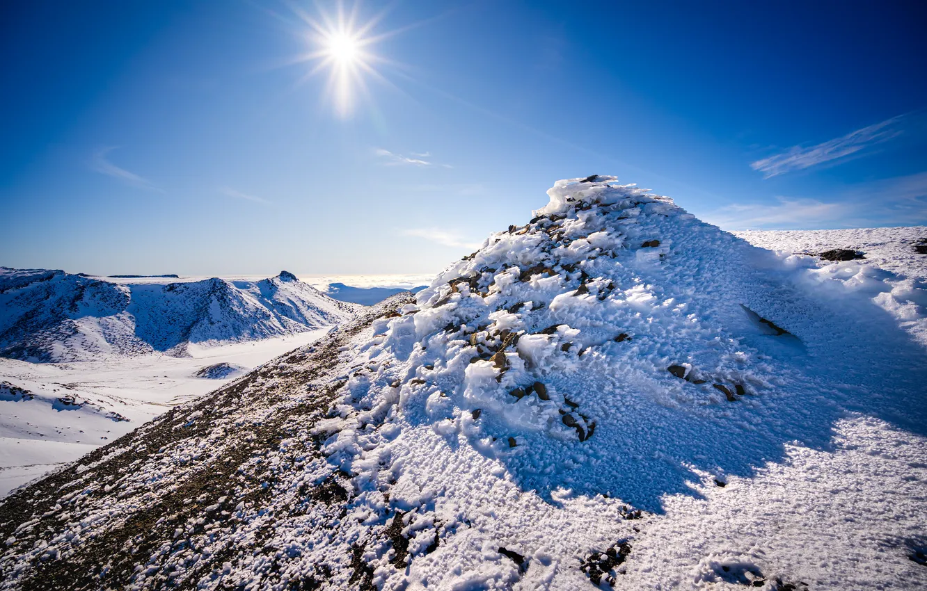 Photo wallpaper the sun, snow, mountains