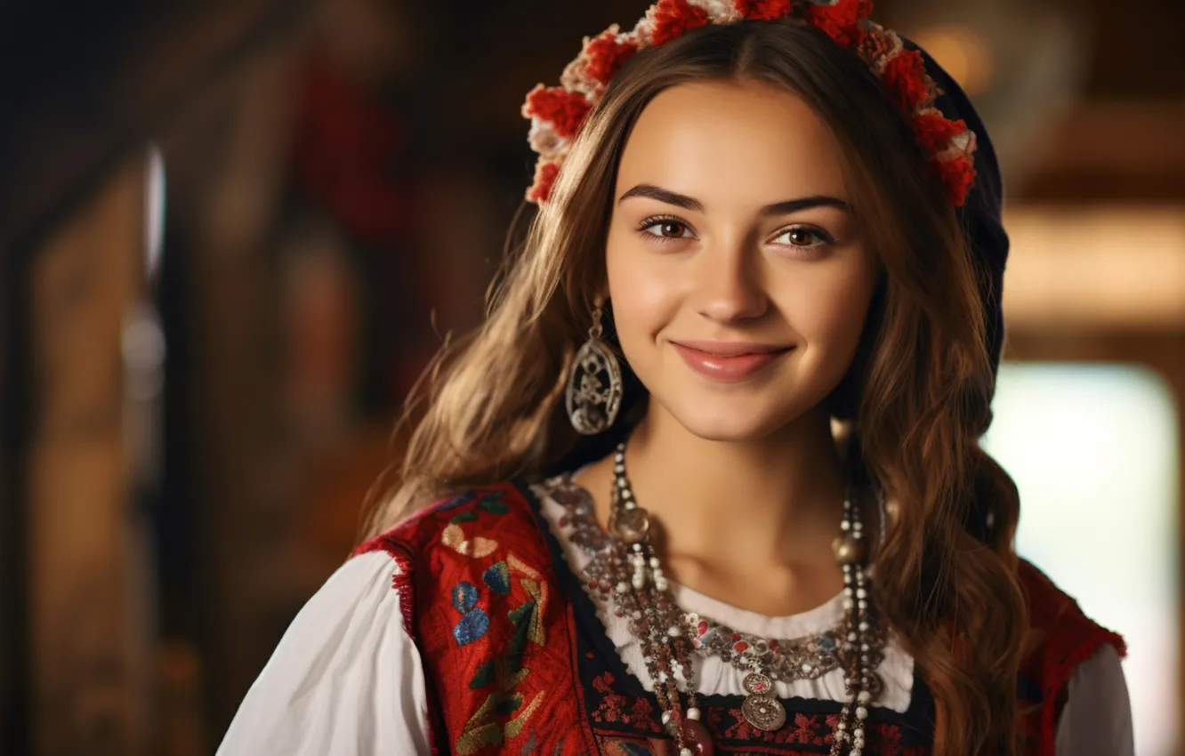 Photo wallpaper look, girl, decoration, face, pose, smile, portrait, beads