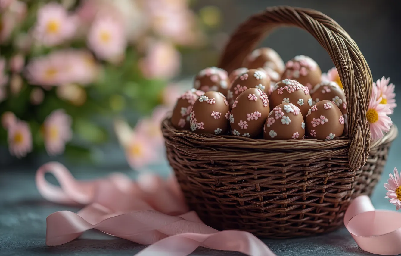 Photo wallpaper flowers, holiday, eggs, spring, Easter, tape, basket, dessert