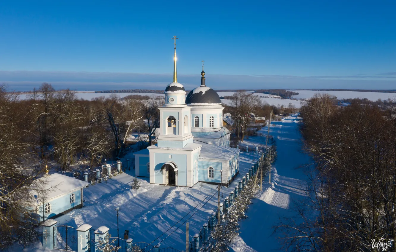 Photo wallpaper winter, snow, landscape, village, Church, Ilya Garbuzov, Somovo