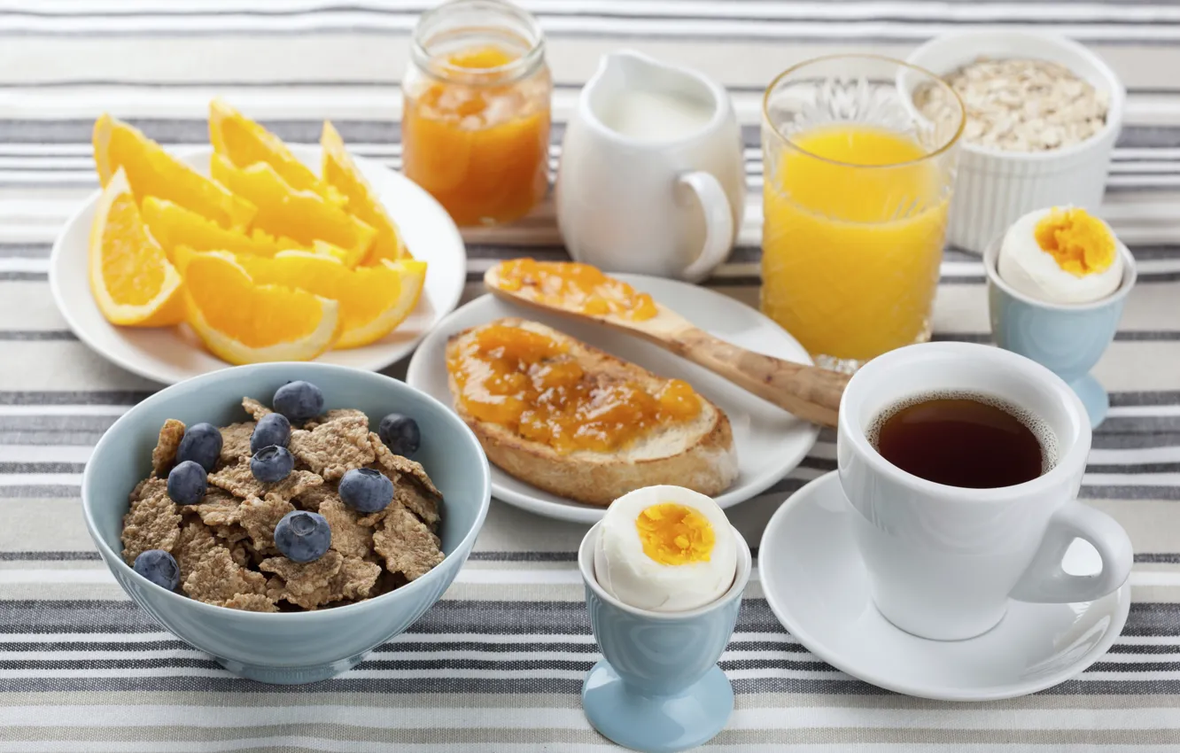 Photo wallpaper egg, coffee, orange, Breakfast, milk, juice, jam, cereal
