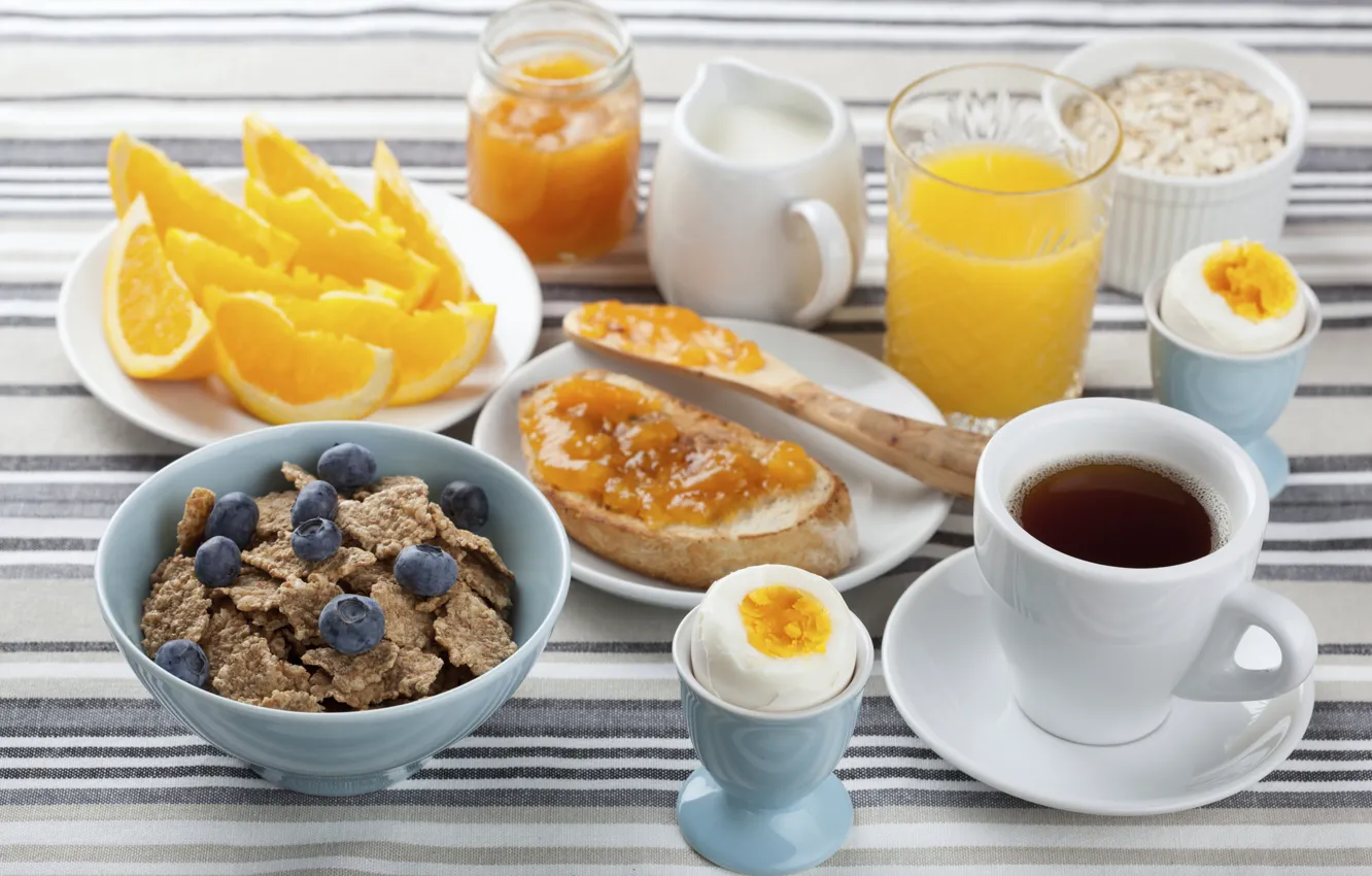 Photo wallpaper coffee, orange, eggs, Breakfast, milk, juice, jam, cereal