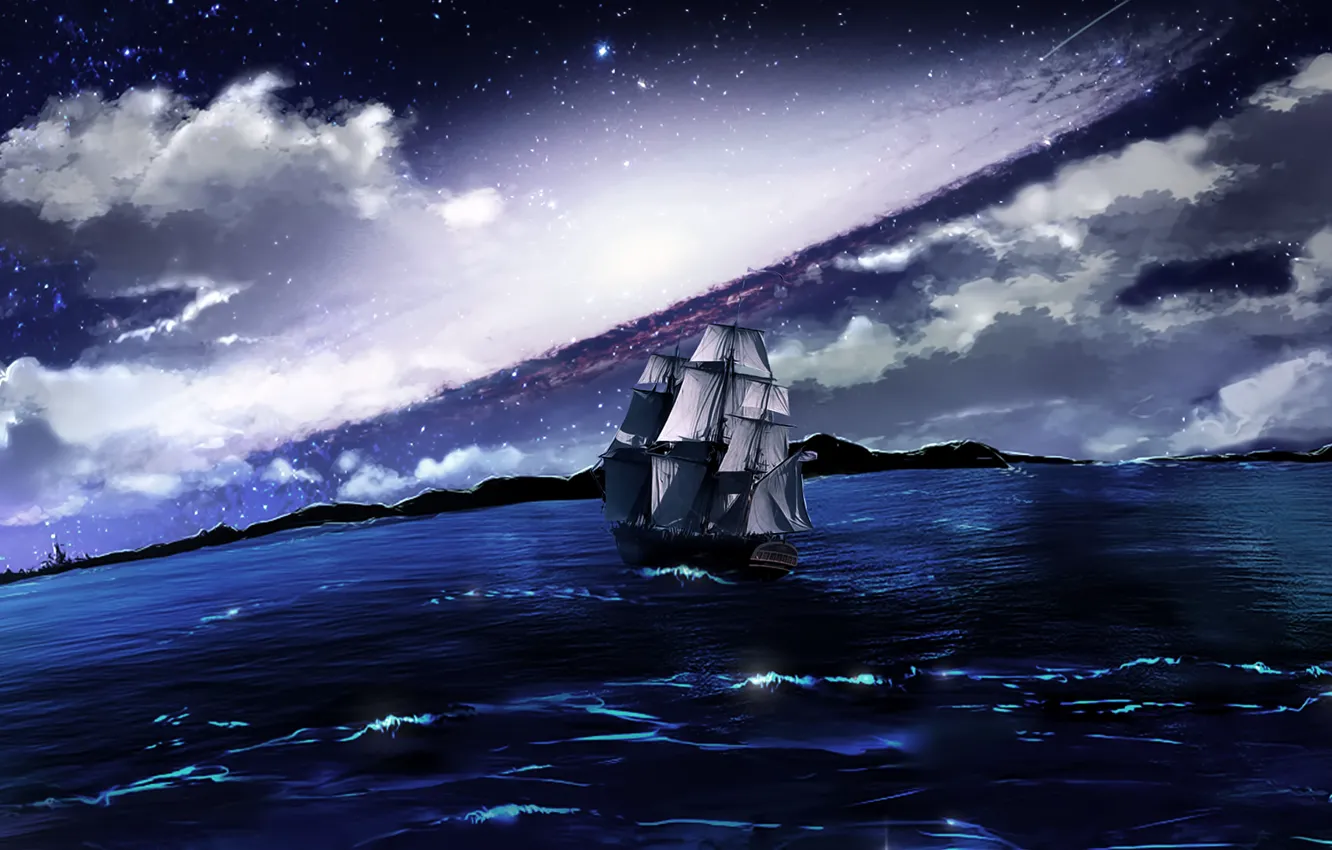 Photo wallpaper sea, clouds, night, ship, sailboat, swimming