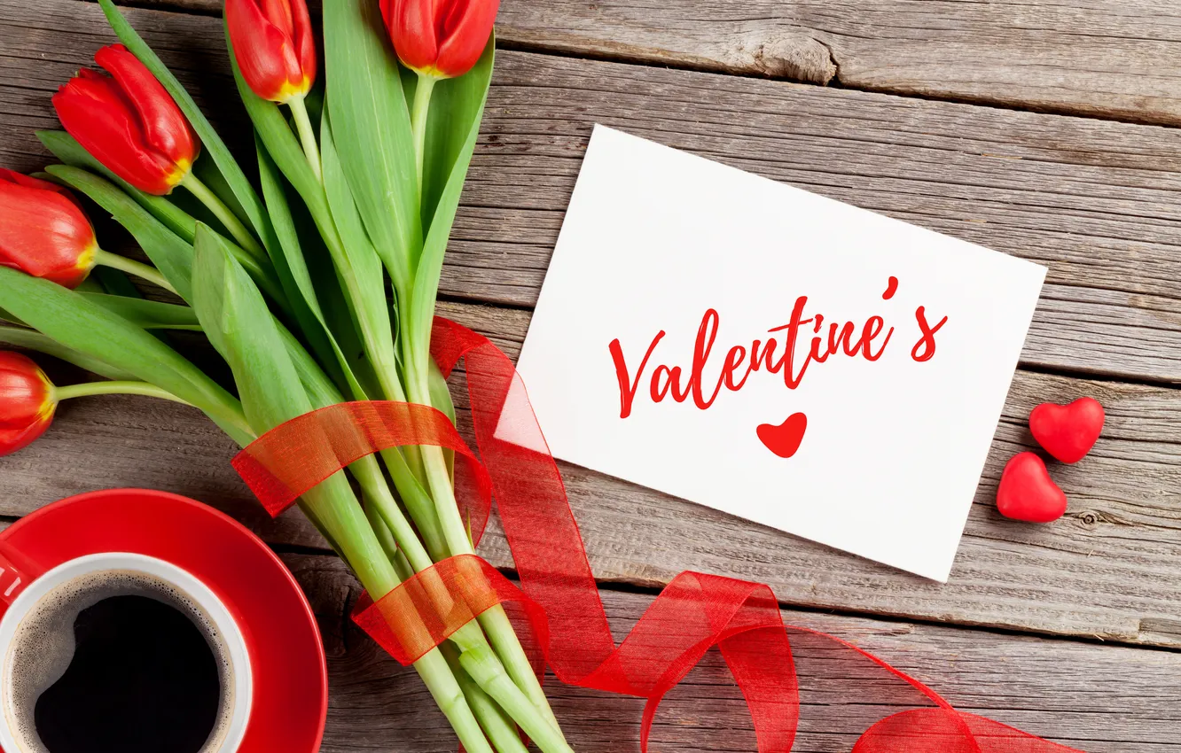 Photo wallpaper love, flowers, gift, romance, heart, tulips, red, love