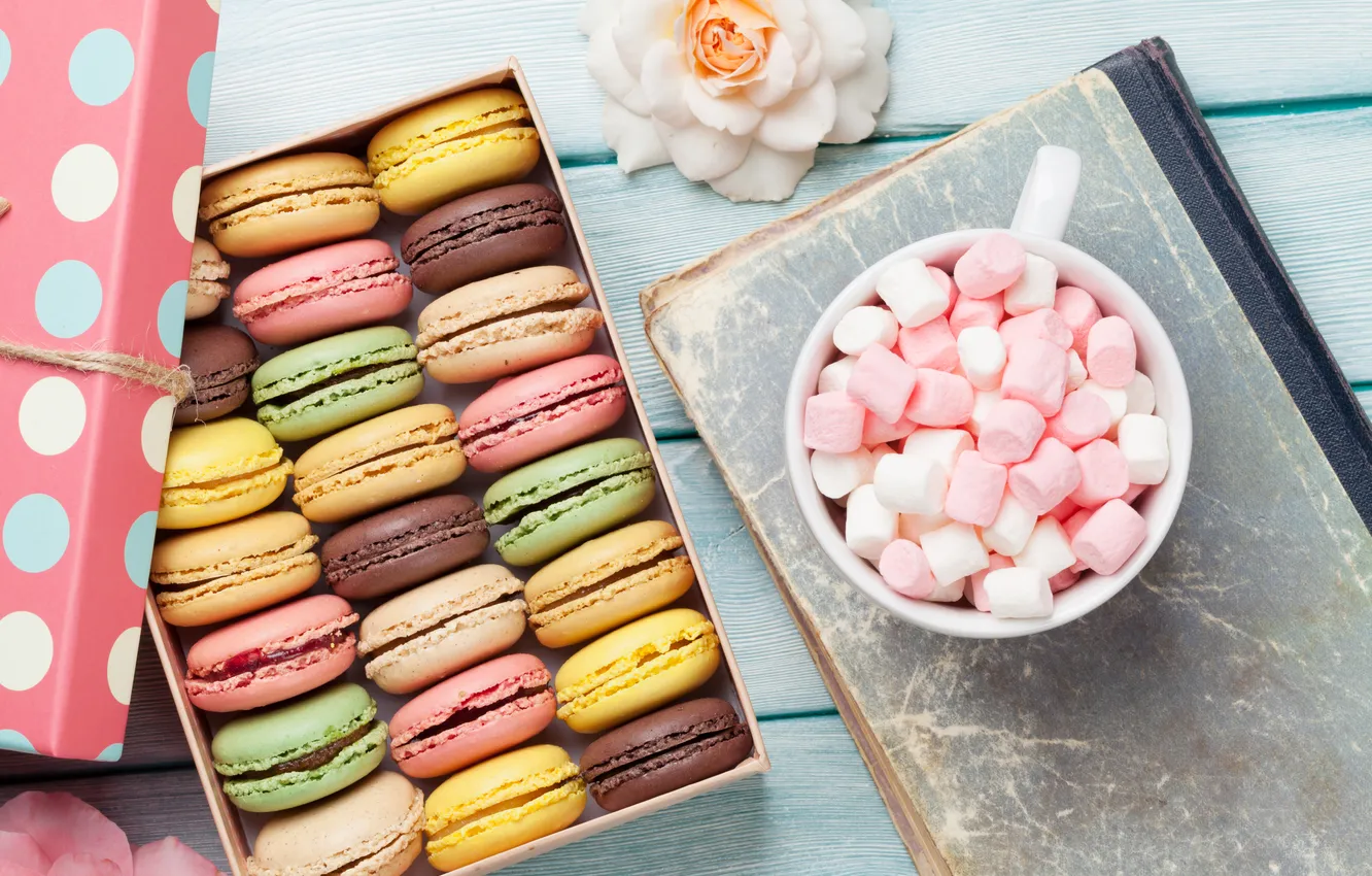 Photo wallpaper flowers, gift, colorful, wood, pink, flowers, coffee cup, macarons