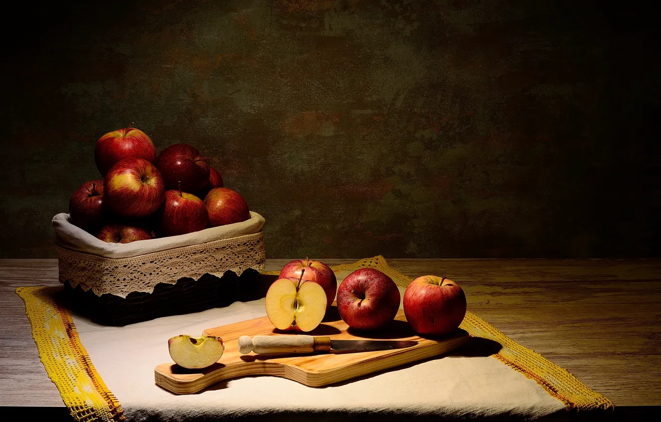 Photo wallpaper light, the dark background, table, apples, towel, knife, fruit, still life