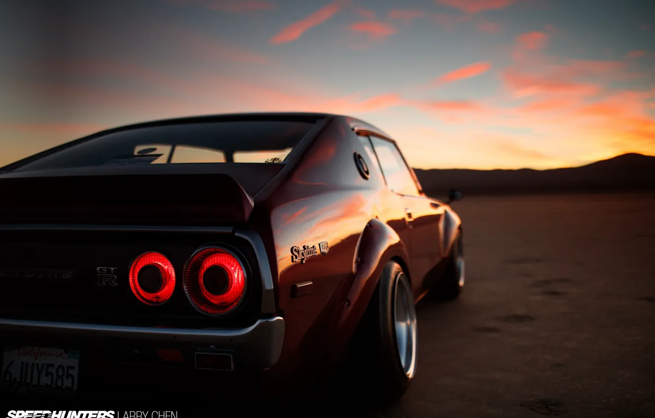 Photo wallpaper the sky, clouds, reflection, sunset, lights, the evening, GTR, Nissan