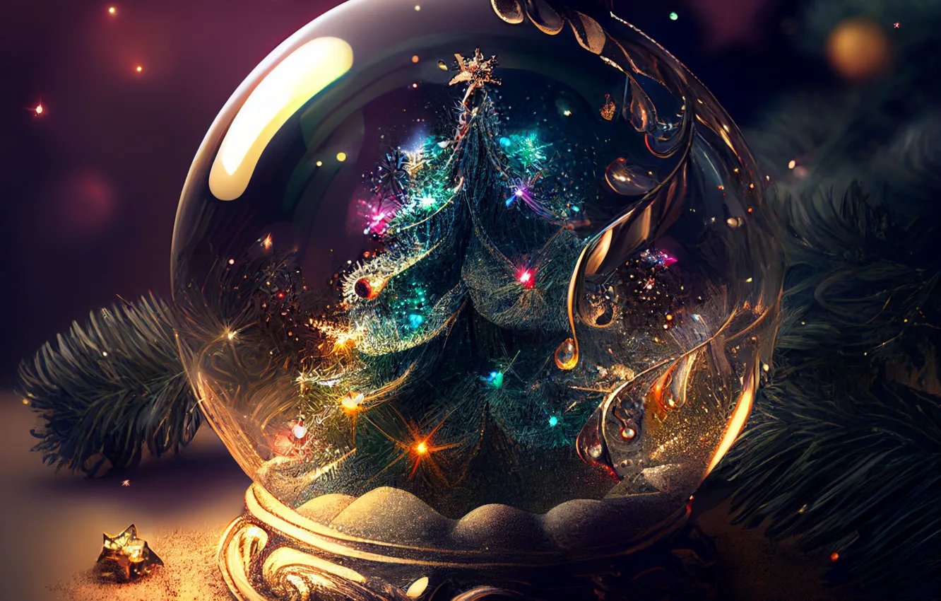 Photo wallpaper glass, balls, light, snow, lights, balls, pattern, curls