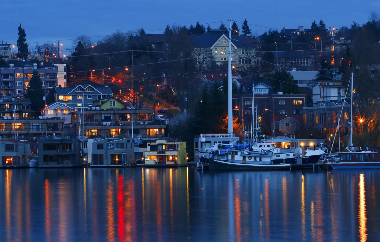 Photo wallpaper lake, home, the evening