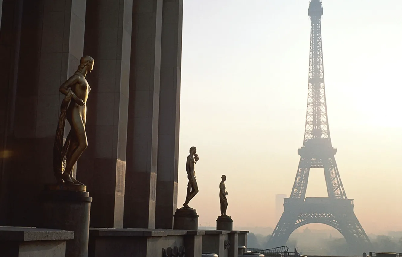 Photo wallpaper city, Paris, sky, France, sunrise, building, cityscape, mist