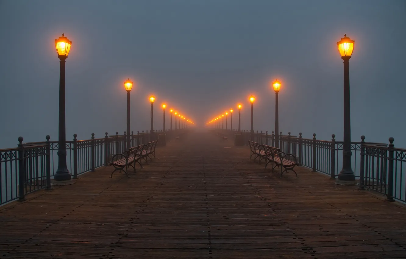 Photo wallpaper fog, pier, lights