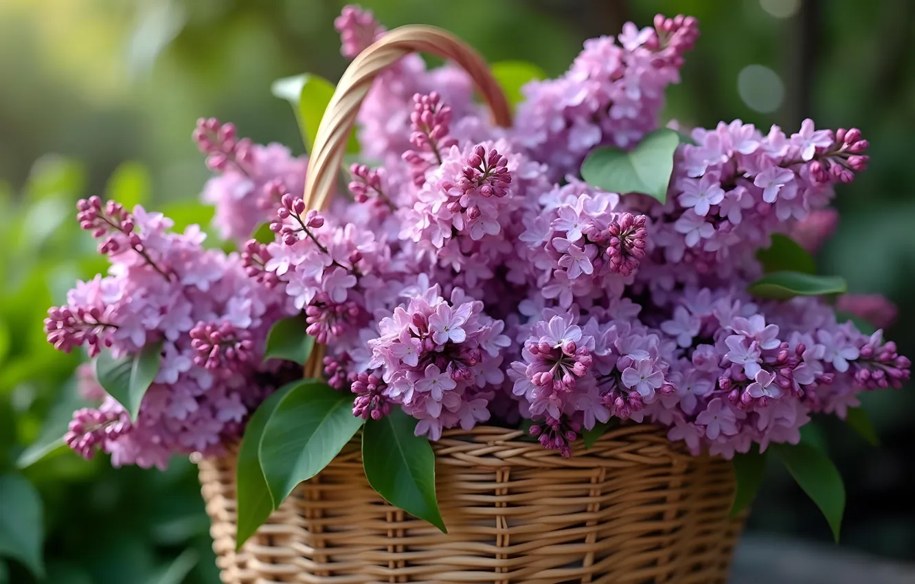 Photo wallpaper spring, basket, lilac, AI art