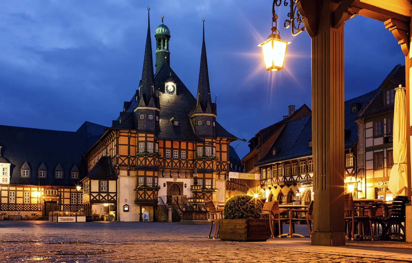 Photo wallpaper night, the city, lights, house, style, watch, building, Germany