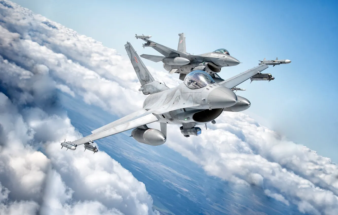 Photo wallpaper Clouds, Fighter, F-16, F-16 Fighting Falcon, Polish air force, PTB, AIM-120 AMRAAM, AIM-9 Sidewinder