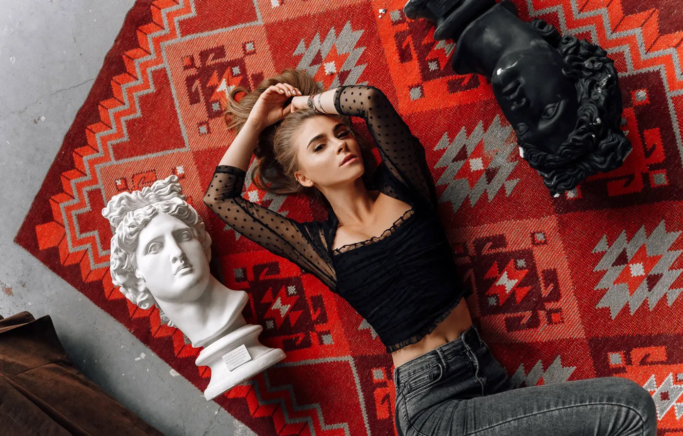 Photo wallpaper look, pose, carpet, model, portrait, jeans, makeup, figure