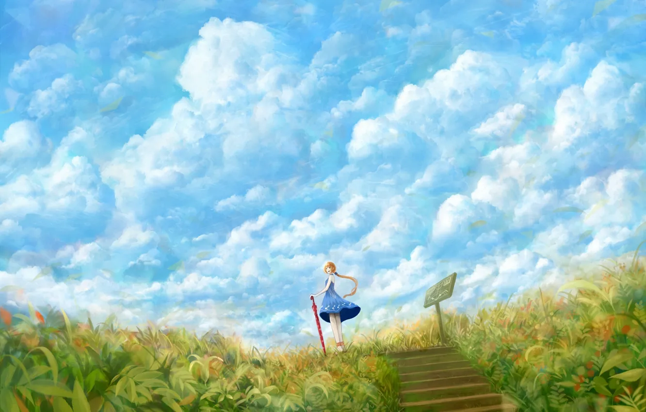 Photo wallpaper field, the sky, grass, girl, clouds, umbrella, the wind, plate