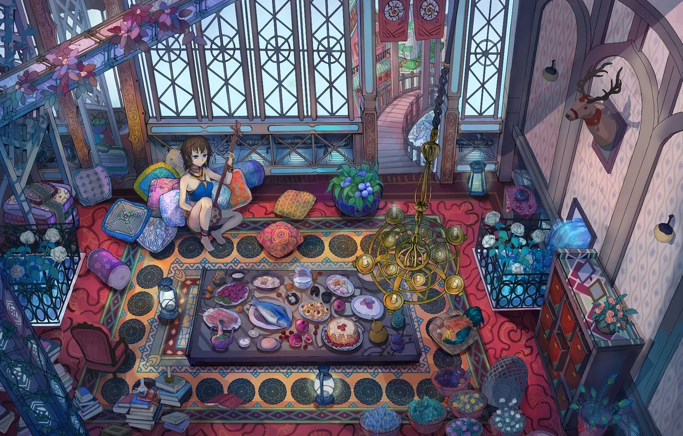 Photo wallpaper girl, flowers, table, room, pattern, lamp, food, interior
