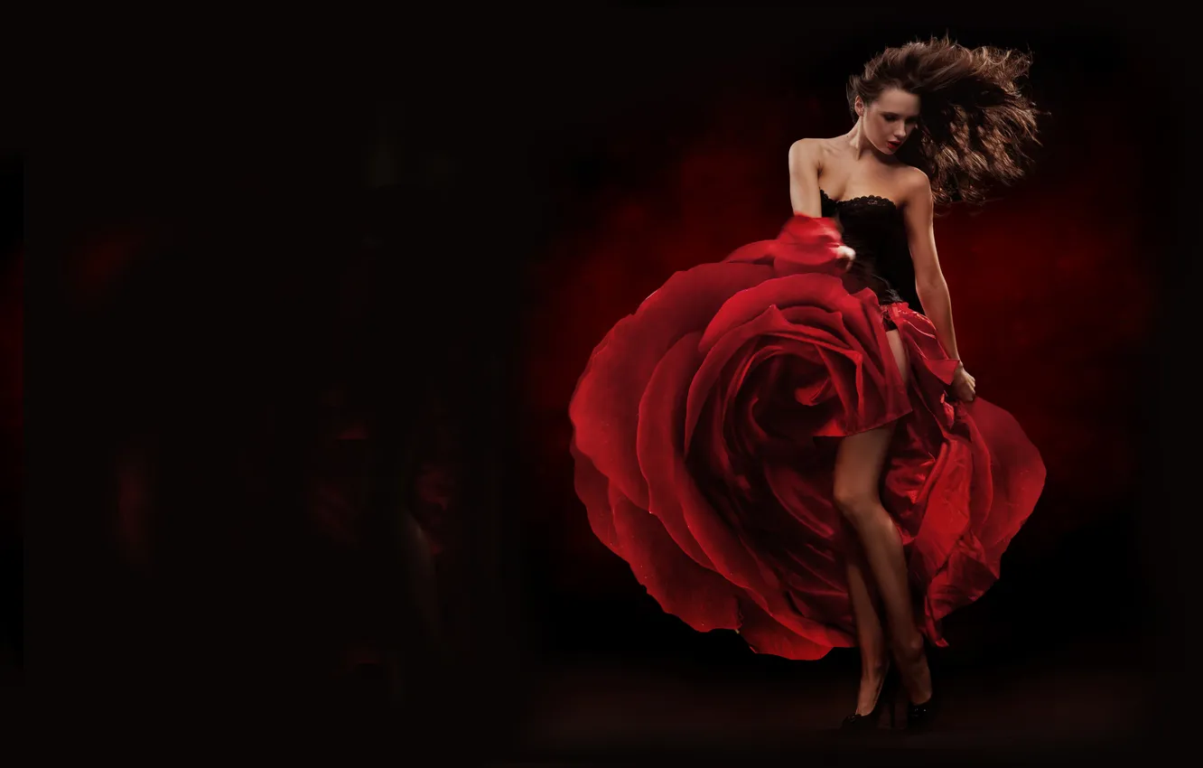 Photo wallpaper girl, flowers, red, black, roses, dance