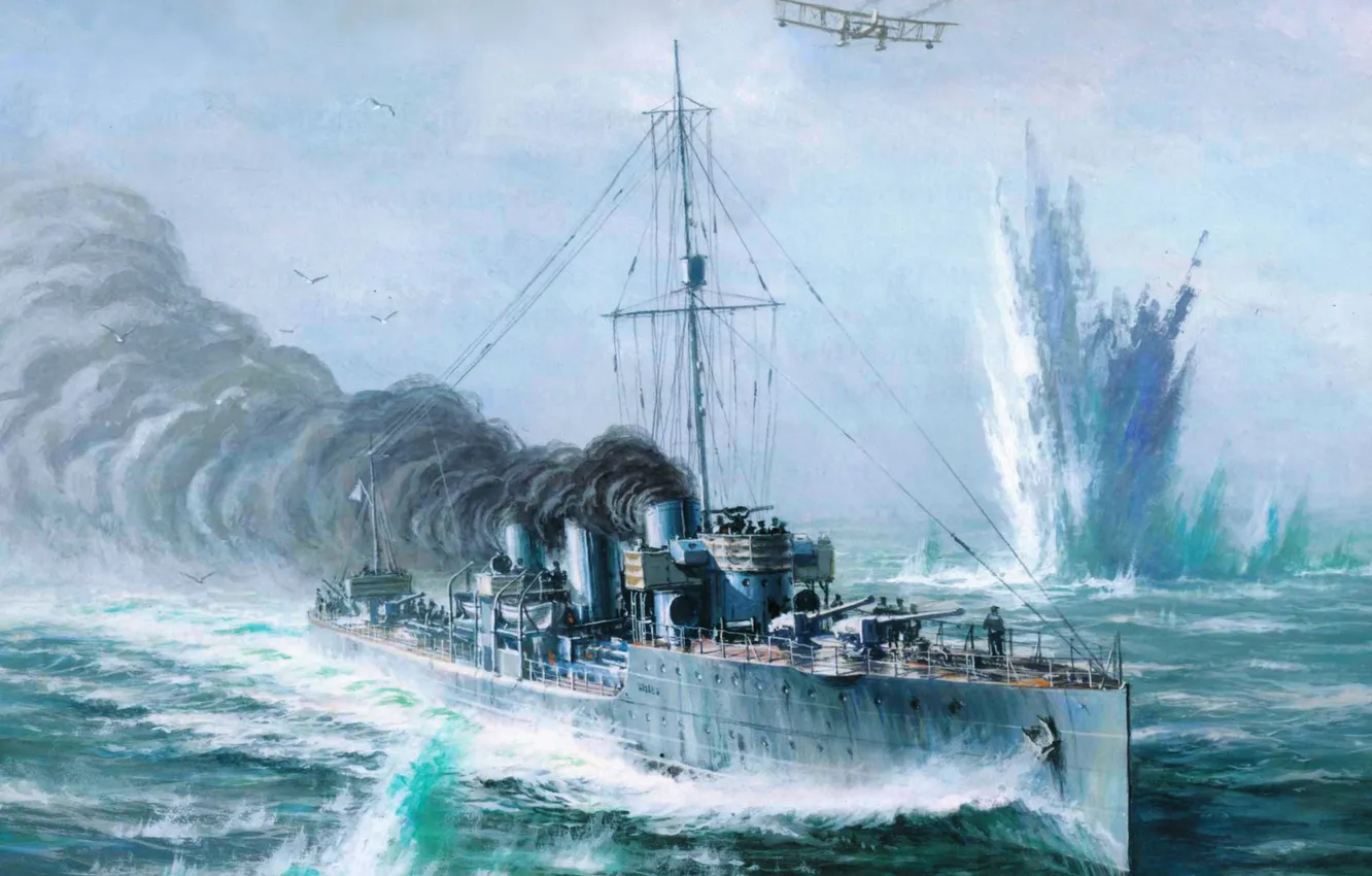 Photo wallpaper sea, wave, the sky, smoke, figure, battle, the plane, squadron
