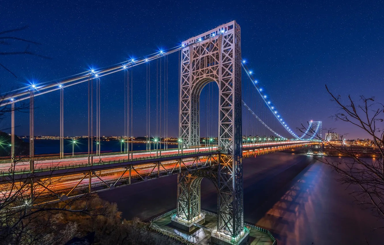 Photo wallpaper stars, night, bridge, the city, lights, river, New York, backlight