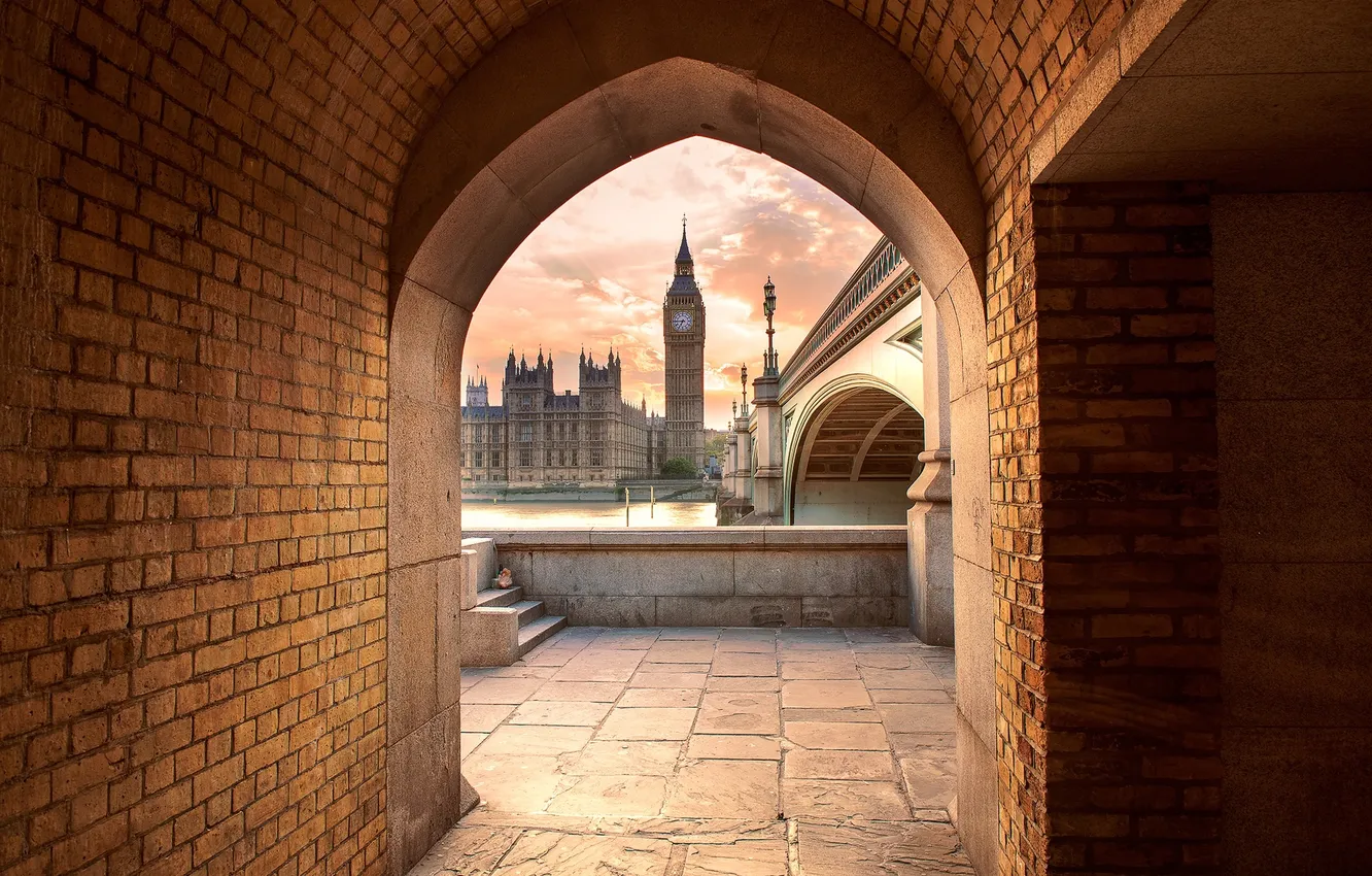 Photo wallpaper sunset, London, UK, Thames, Big Ben, Westminster bridge