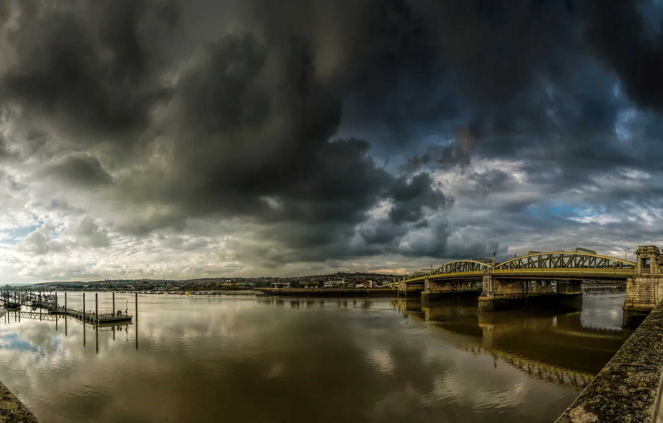 Photo wallpaper clouds, bridge, river, overcast, pier, UK, promenade, Rochester