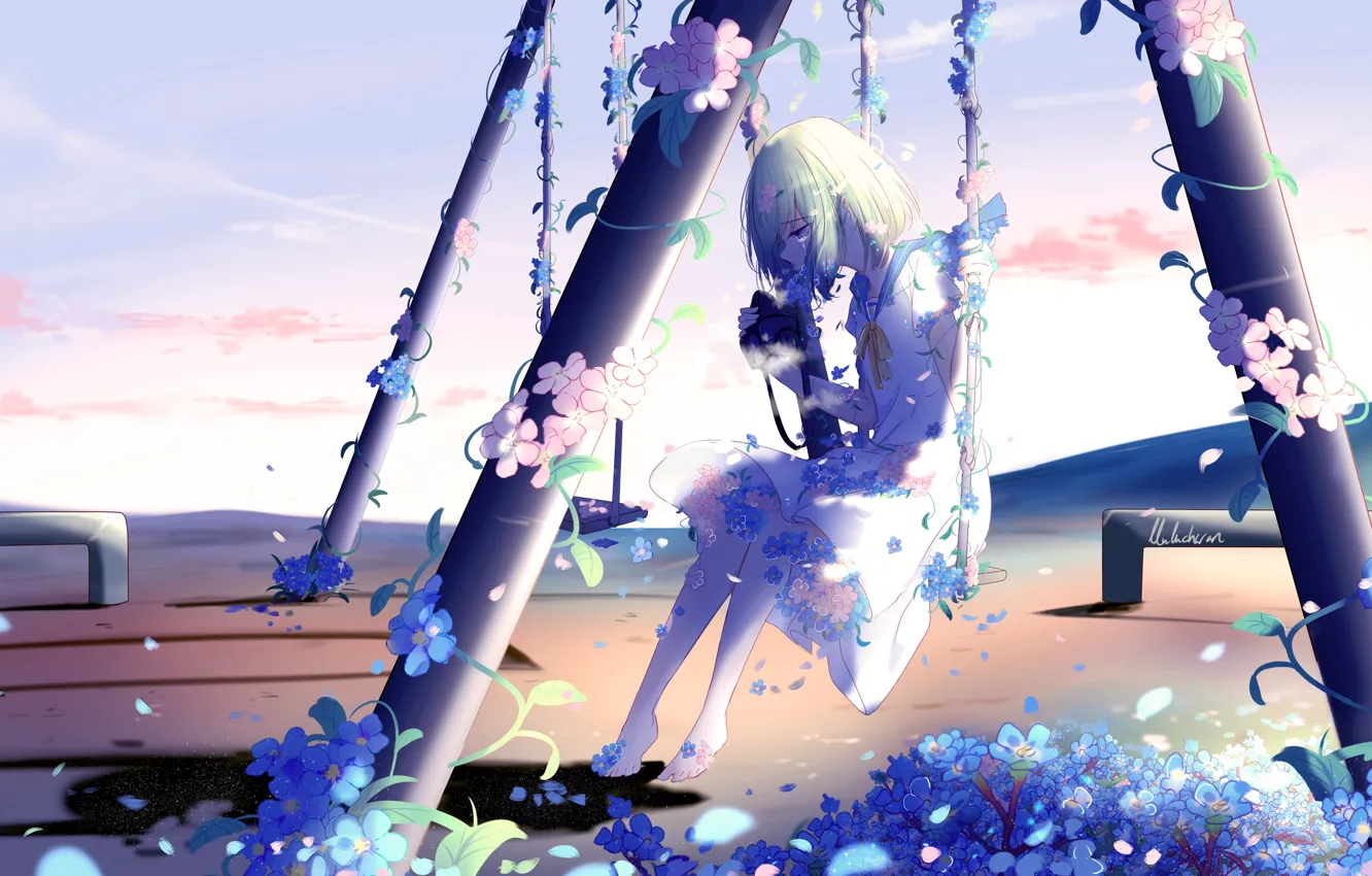 Photo wallpaper girl, flowers, swing, crying, by lluluchwan